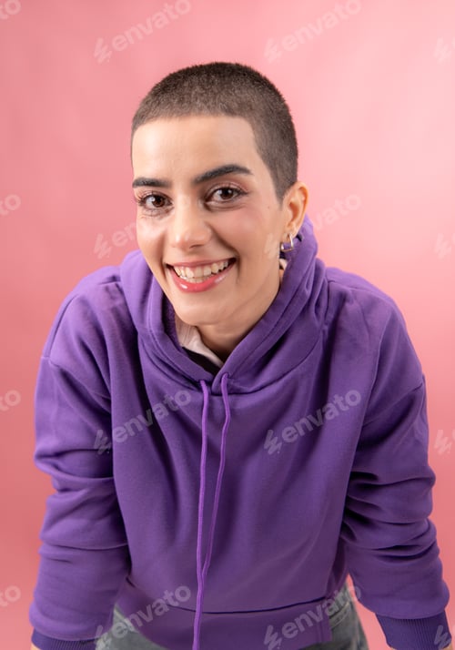 Preview: Portrait of young woman cheerful young woman with a buzz cut