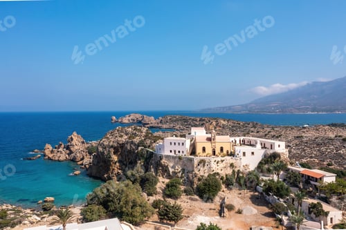Preview: Chrysoskalitissa Monastery Chania town Crete island Greece. Aerial drone view of Holy Trinity Church