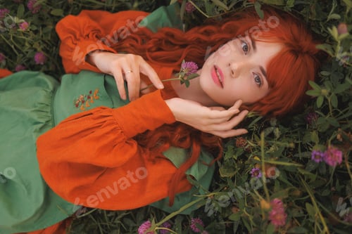 Preview: A shepherdess woman with red hair and a green dress sits in a field of flowers.