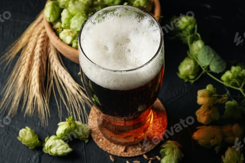 Preview: Beer, wheat and hop on black background