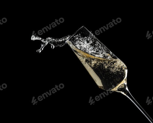 Preview: Glass of fizzy champagne on black background, closeup