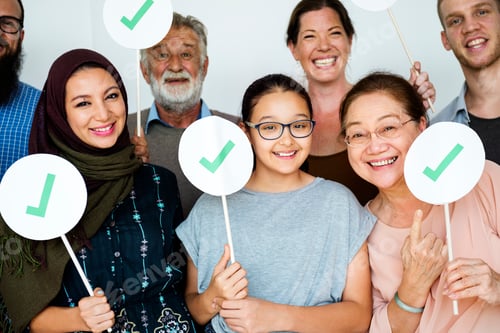 Preview: Group of diverse people showing right mark boards