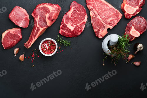 Preview: Raw prime steaks. Variety of fresh black angus prime meat steaks T-bone, New York, Ribeye, Striploin