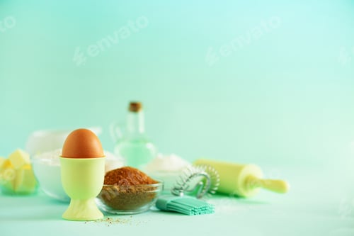 Preview: Healthy baking ingredients - butter, sugar, flour, eggs, oil, spoon, rolling pin, brush, whisk, milk