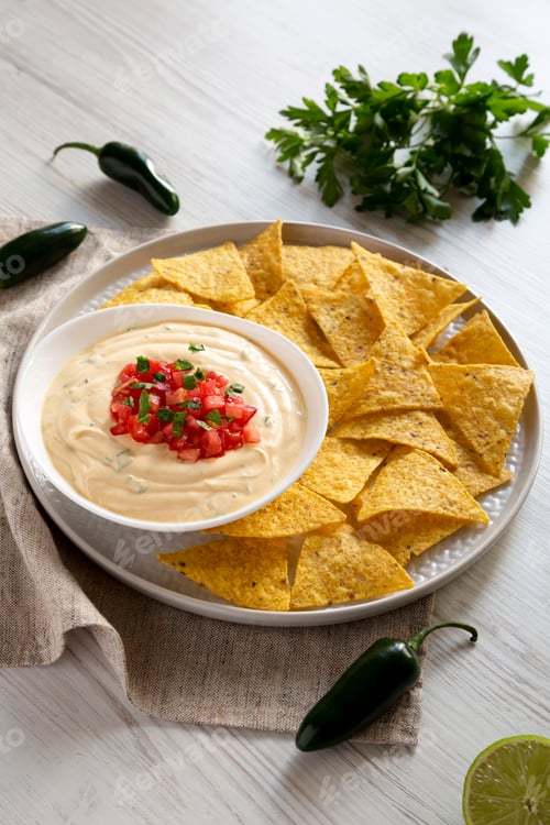 Preview: Homemade cheesy dip in a bowl, yellow tortilla chips over white wooden surface, side view. Close-up.