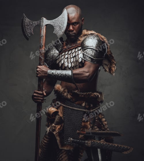 Preview: Fearful african soldier with axe stares at camera in dark background