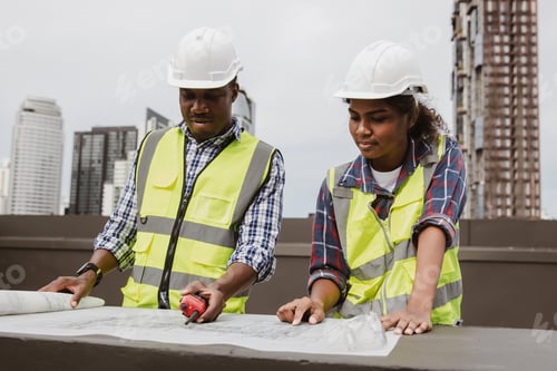 Visualização: Equipe de engenheiros com projeto de plano de construção no canteiro de obras.