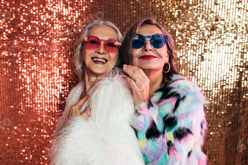 Preview: Two smiling senior women in fur coats posing together in studio