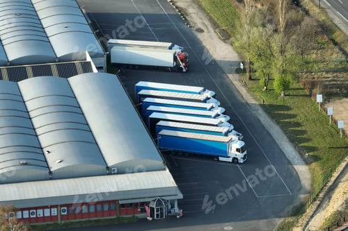 Preview: Aerial view of goods warehouses and logistics center in industrial city zone from above