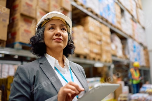 Preview: Female inspector using touchpad while working in a distribution warehouse.