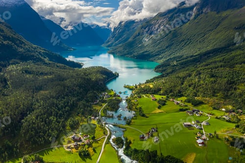 Preview: Beautiful Nature Norway natural landscape. lovatnet lake Lodal valley.