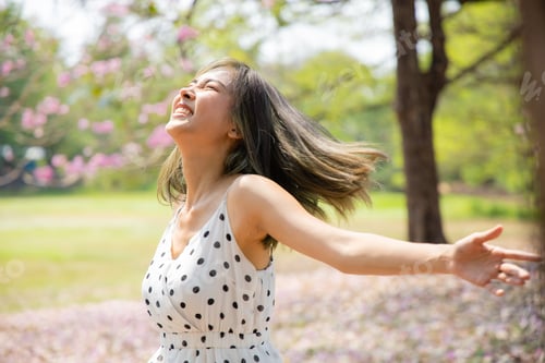 Preview: Outdoor autumn summer portrait of a asian young beautiful Free happy women Enjoying Nature