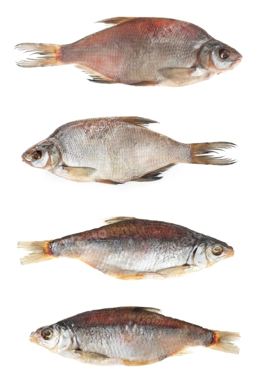 Preview: Set of tasty dry fish on white background