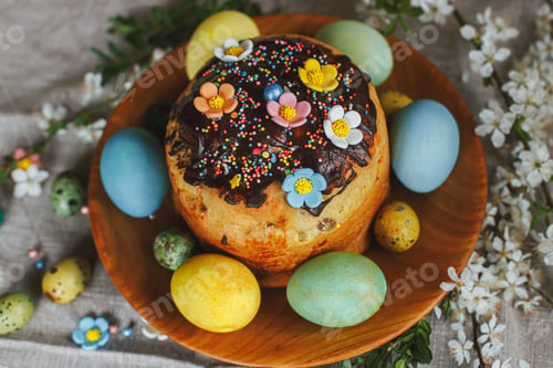Preview: Homemade easter bread and natural dyed easter eggs with spring flowers