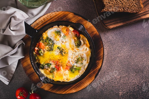 Preview: Frying pan with scrambled eggs with broccoli and tomatoes on a wooden board top view