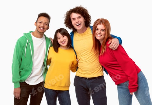 Preview: Multiracial friends embracing and smiling for camera
