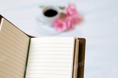 Preview: Top View Of An Open Diary Page On The Background Of A Hotel Room. Mixed Media