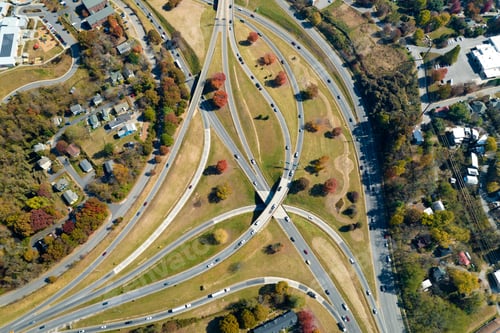 Preview: Aerial view of american freeway intersection in fall season in Asheville, North Carolina
