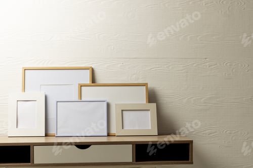 Preview: Colourful empty frames with copy space on table against white wall