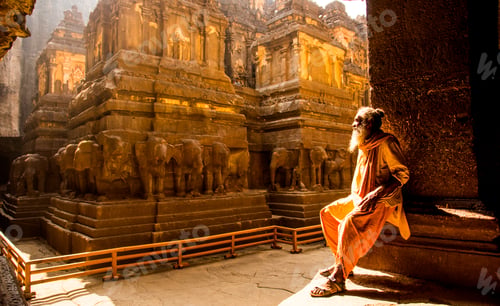 Preview: Hindu Sadhu the holy men visiting the Kailasa Temple, Ellora caves, UNESCO world heritage side.