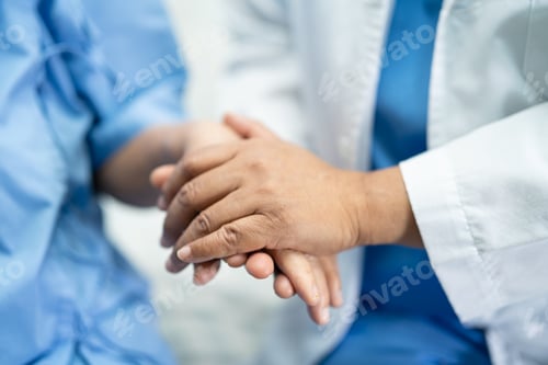Preview: Holding hands Asian elderly woman patient with love, care, encourage and empathy.