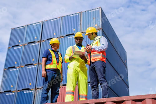 Preview: 3 engineer working in container storage yard use digital tablet check quantity prepare to delivery
