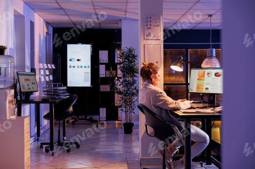 Preview: Businesswoman working overhours at company strategy