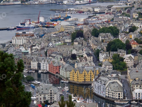 Preview: Scenic view of a cityscape featuring an array of buildings in Alesund, Norway, Scandinavia