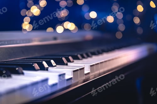 Preview: Piano keys close-up on a blurred background with bokeh.