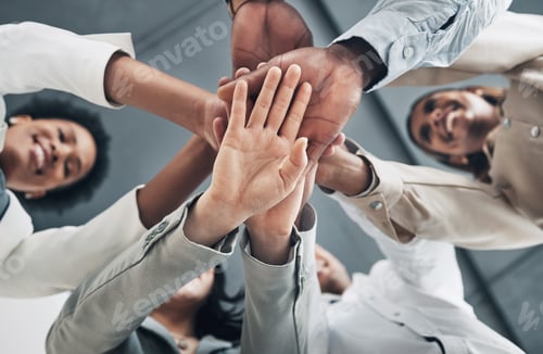 Preview: Mission, low angle or hands of happy business people with goals, support or motivation for success