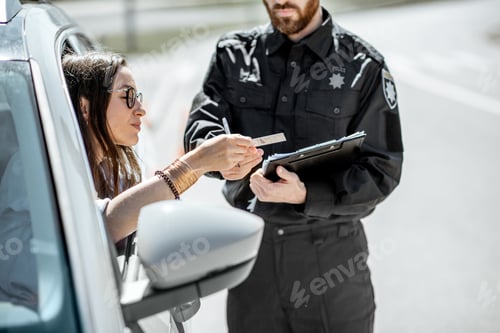 Preview: Policeman with woman driver on the road