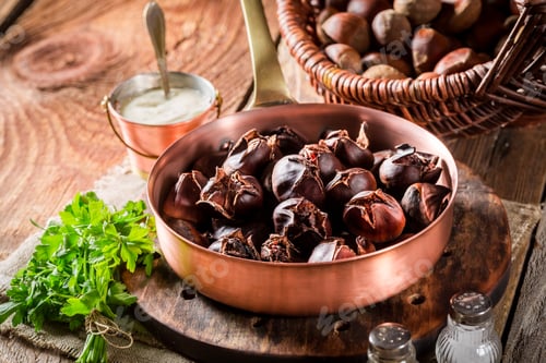 Preview: Roasted chestnuts on copper pan served with garlic dip