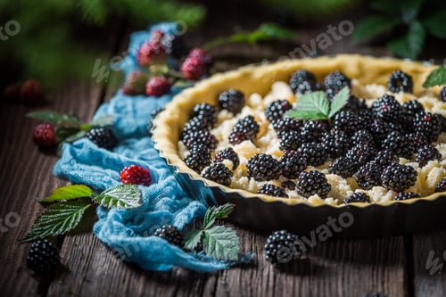 Preview: Homemade and sweet tart with blackberries and caster cugar