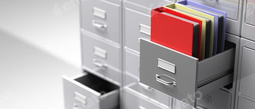 Preview: Office document binders in a filing cabinet drawer. 3d illustration