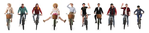 Preview: Young man and woman riding bicycles on white background. Collection of photos