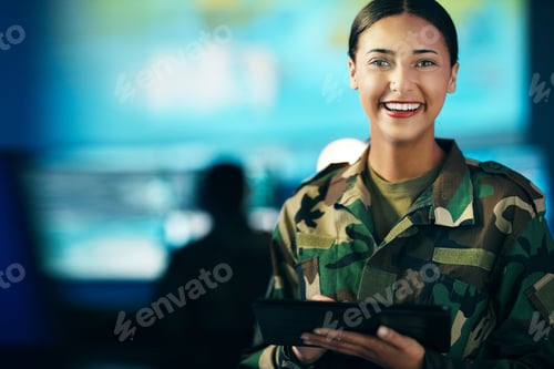 Preview: Military, woman and happy portrait with tablet in surveillance, control room or technical support f