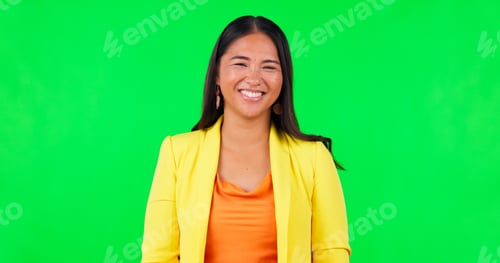 Preview: Laughing, corporate and face of a woman on a green screen for work and agency career. Smile, busine