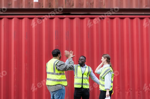 Preview: Group of workers in a container storage yard greeting each other