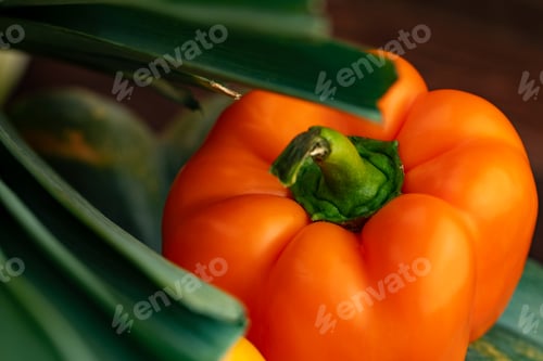 Preview: Orange bell pepper with greens close up