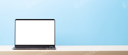 Preview: Laptop with blank screen on wooden table