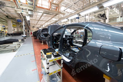 Preview: Add details to car body. Robotic equipment makes Assembly of car. Modern car Assembly at factory