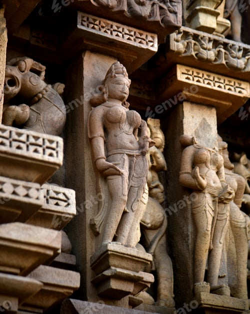 Preview: Stone carving sculptures on Khajuraho Temple, a UNESCO world Heritage site, India.