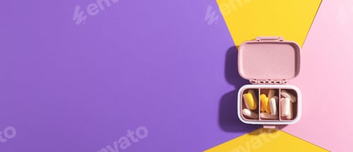 Preview: Pharmaceutical web banner with pills and tablets on colourful background.
