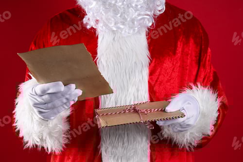 Preview: Santa Holding Letter and Envelopes on Red