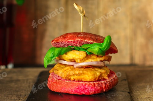 Preview: Red Burger, Meat Sandwich And Basil (Pink Bun). Food Background. Copy Space