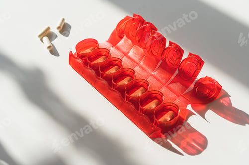 Preview: Closeup of red medical pill box with doses of tablets