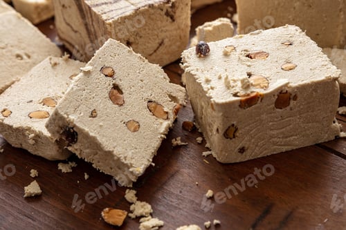 Preview: Halva almond nuts slices on wooden table background