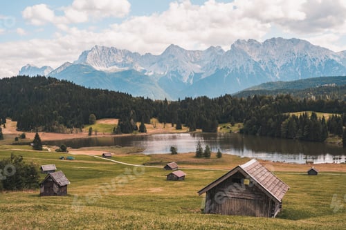 Preview: Lake Geroldsee, also Wagenbruchsee, With cabins Bavaria, Germany, Europe