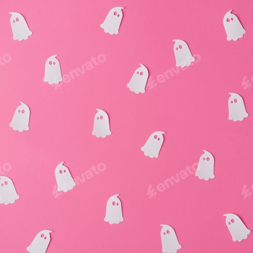 Preview: Creative pink pattern made of ghosts. Minimal flat lay. Halloween concept.