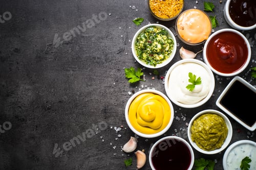 Preview: Sauce set assortment - mayonnaise, mustard, ketchup and others top view